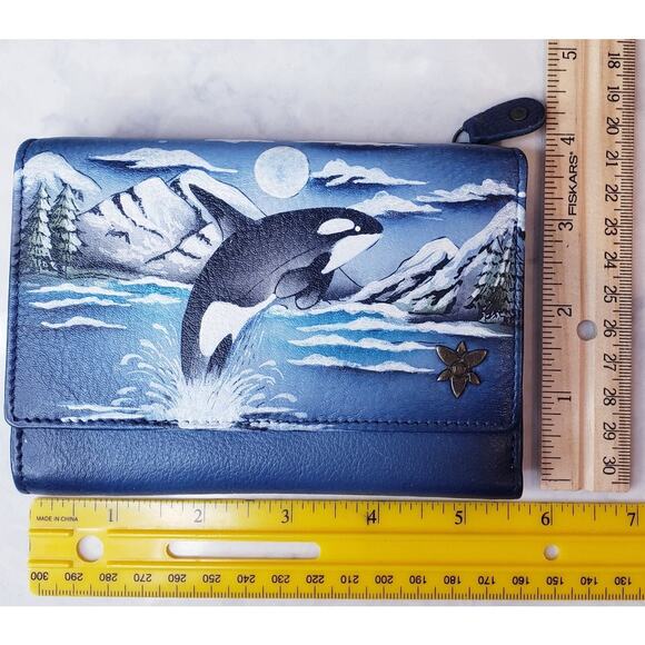 ANUSCHKA Leaping Orca Handpainted Leather Wallet RFID Blocker Protection Blue - Picture 10 of 14